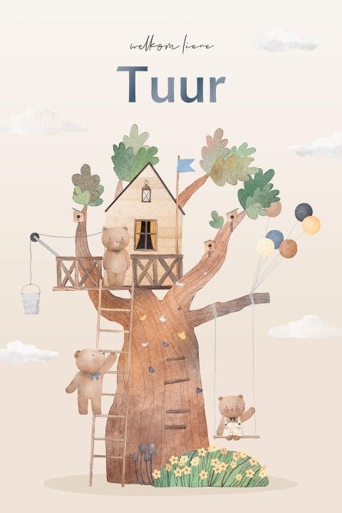 Jongens geboortekaartje met berengezin in boomhut