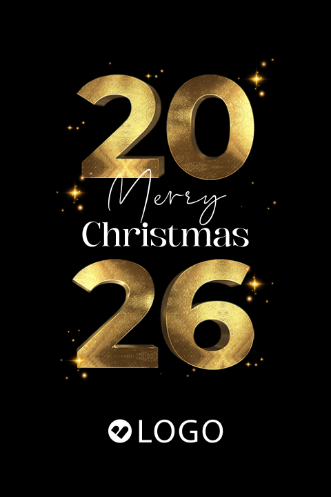 Zakelijke kerstkaart met jaartal, sparkles en eigen logo