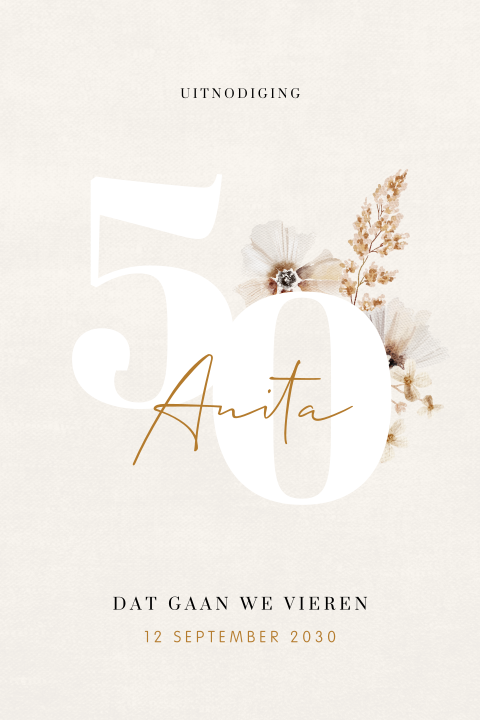 Sarah 50 jaar verjaardag uitnodiging linnenlook met veldbloemen
