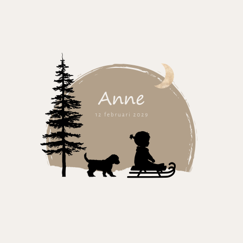 Winter geboortekaartje silhouet meisje op slee met huisdier hond