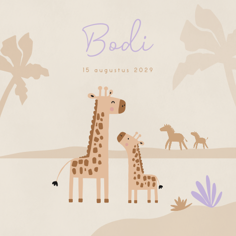 Unisex geboortekaartje met giraffen en palmbomen