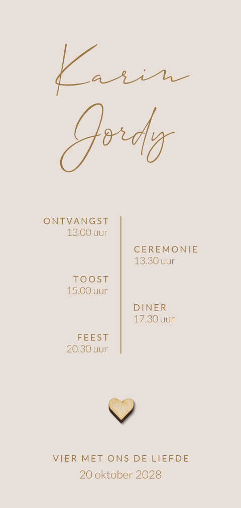 Rustige trendy trouwkaart met tijdlijn en echt houten hartje