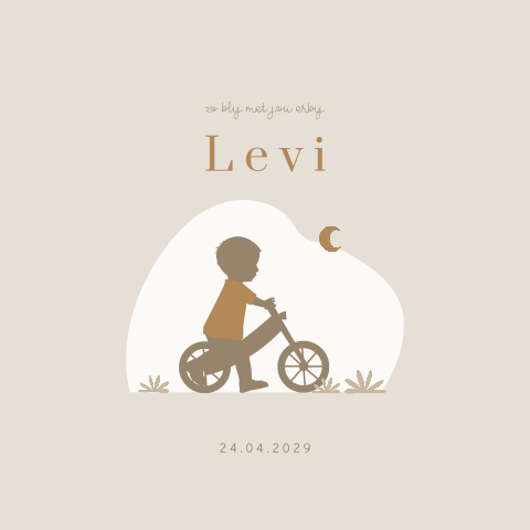 Rustig silhouet geboortekaartje van een jongen op loopfiets