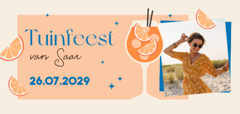 Vrolijke tuinfeest uitnodiging met een cocktail, sinaasappel en foto 