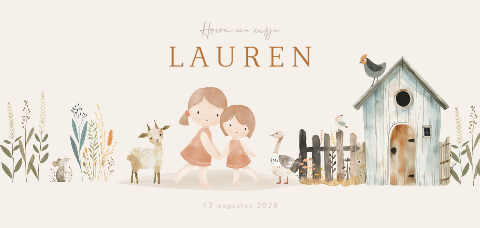 Zusje geboortekaartje voor een meisje met boerderijdieren