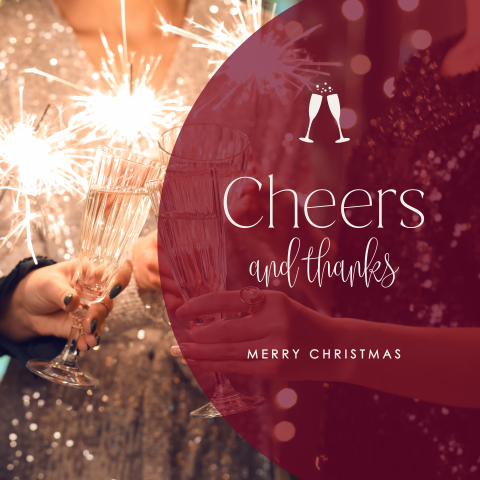 Zakelijke kerstkaart cheers and thanks en champagneglazen