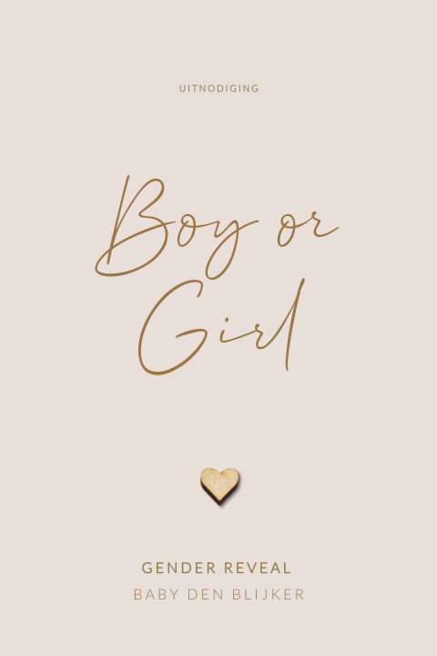Rustige gender reveal uitnodiging met echt houten hartje
