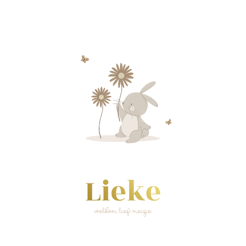 Lief geboortekaartje voor een meisje met konijntje en goudfolie