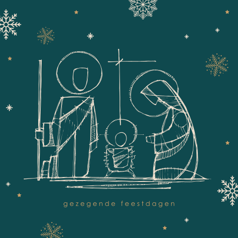 Christelijke kerstkaart met lijntekening Jozef, Maria en Jezus