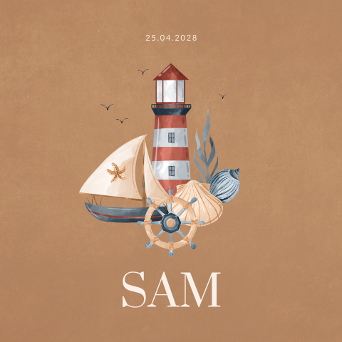 Zee geboortekaartje unisex met vuurtoren en zeilboot