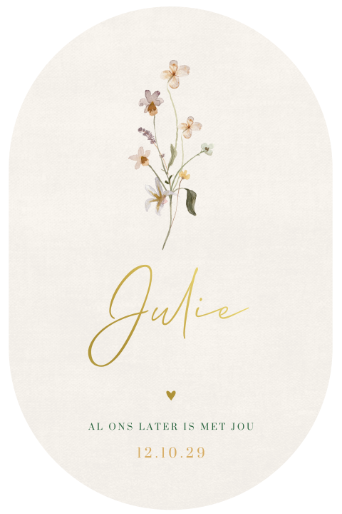 Geboortekaartje aparte vorm voor een meisje met veldbloem en foliedruk