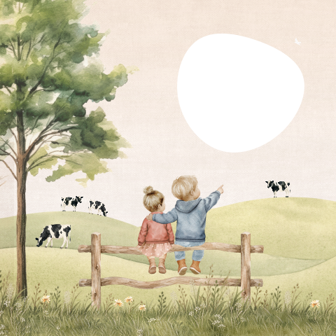 Geboortekaartje met uitsnede kindjes op een hek in boerenlandschap