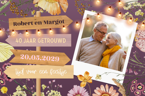 Huwelijksjubileum 40 jaar uitnodiging met wegwijzer, lampjes en foto