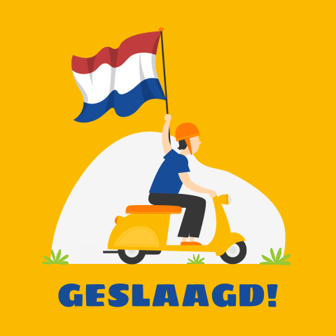 Geslaagd wenskaart met scooter en Nederlandse vlag