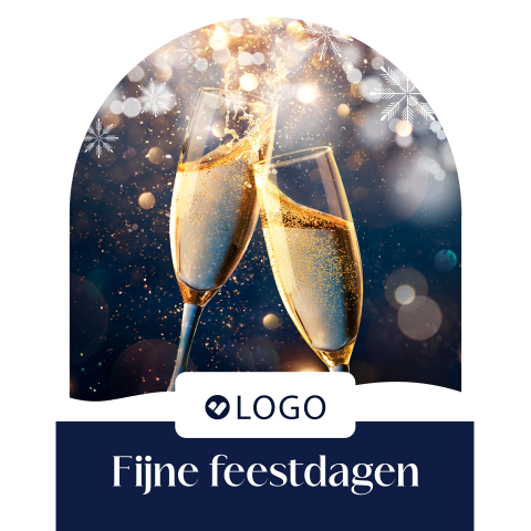 Zakelijke kerstkaart sneeuwbol met foto van champagneglazen en logo