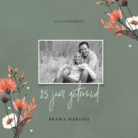 Jubileum foto kaart met bloemen en hartjes