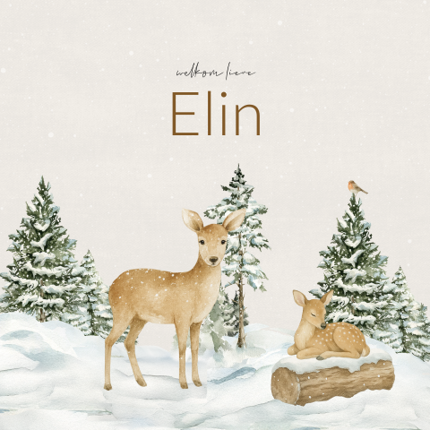 Winter geboortekaartje unisex met sneeuw, bomen en hertjes