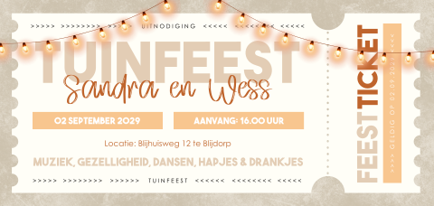 Tuinfeest ticket uitnodiging typografisch met lampjes