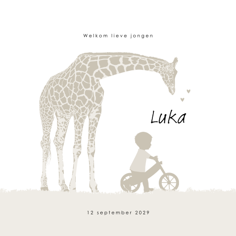 Silhouet geboortekaartje giraffe en jongen op loopfietsje