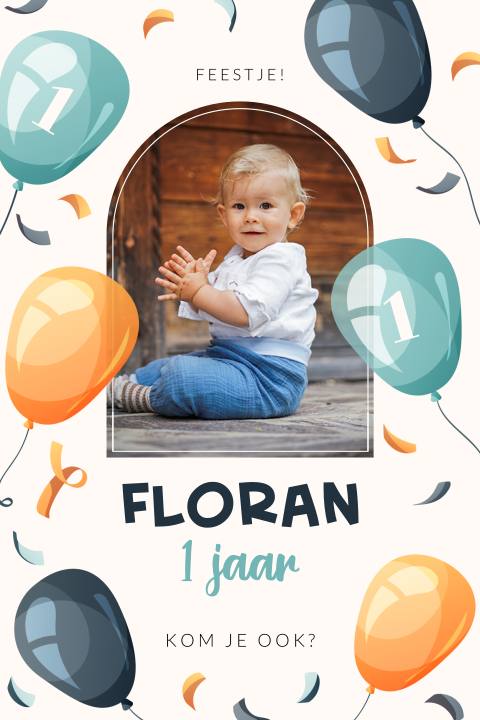 Feestelijke verjaardagsuitnodiging jongen met ballonnen, confetti en foto