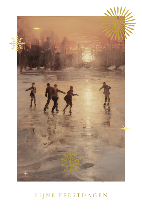 Kerstkaart met aquarel geschilderd landschap met schaatsers en folie