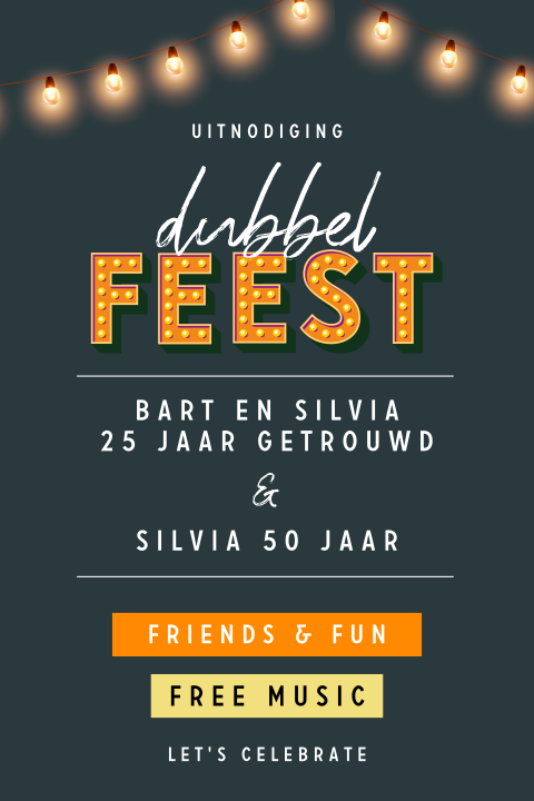 Dubbel feest uitnodiging met festival letters en lampjes