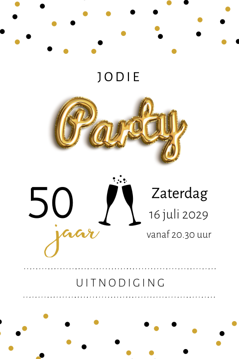 50 jaar uitnodiging met ballonletters en confetti