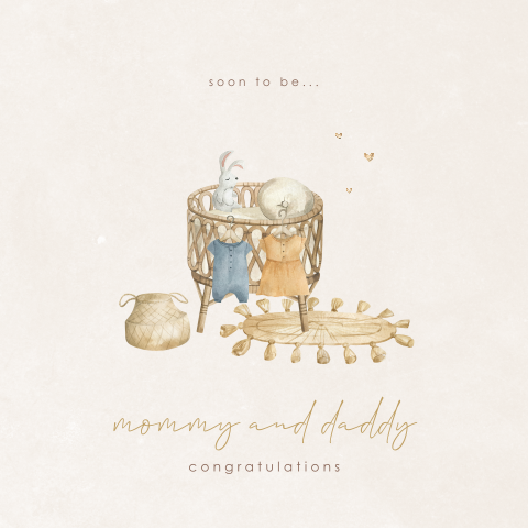 Felicitatiekaart "Soon to be mommy and daddy" met rotan wieg