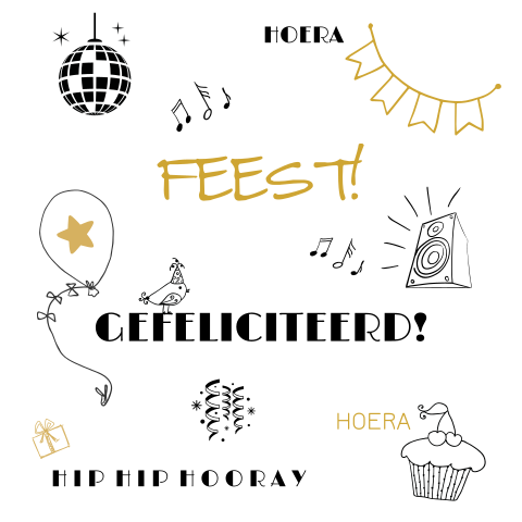 Verjaardagskaart met feestelijke en muzikale tekeningen