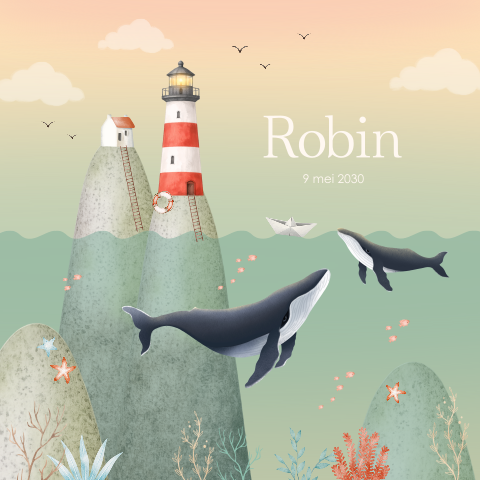 Unisex geboortekaartje met walvissen en vuurtoren