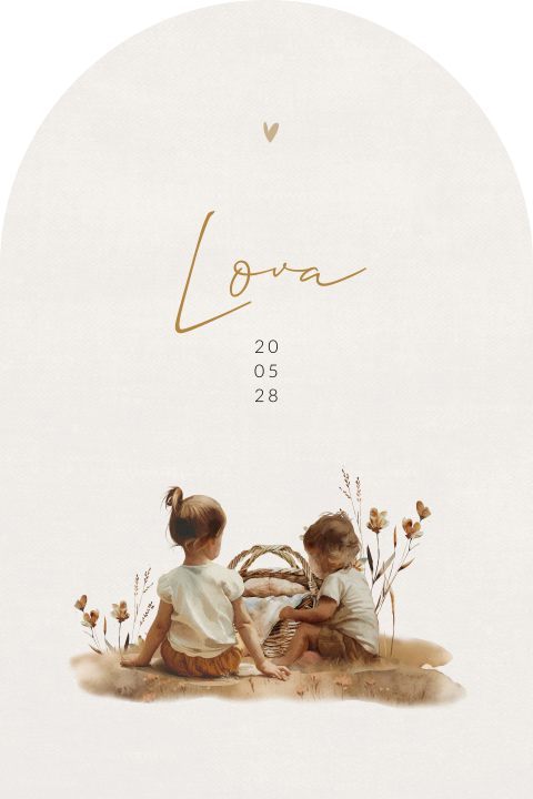 Geboortekaartje boogvorm voor een meisje met mand en bloemen