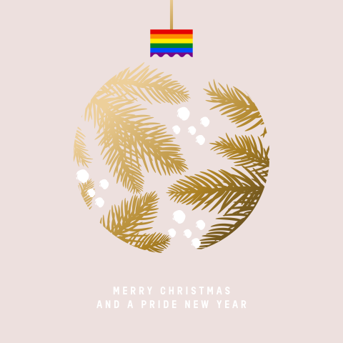Zakelijke lhbtiq+ kerstkaart met kerstbal en regenboogkleuren