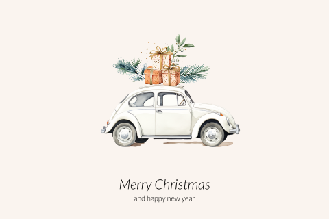 Kerstkaart met auto met cadeautjes en takken op het dak