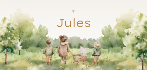 Getekend unisex geboortekaartje landschap met broertjes en zusjes