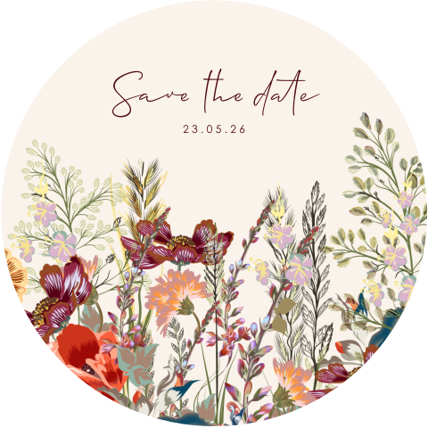 Ronde Save the Date kaart met kleurrijke bloemen