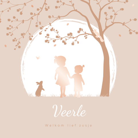 Roséfolie geboortekaartje voor een zusje met zon en boompje