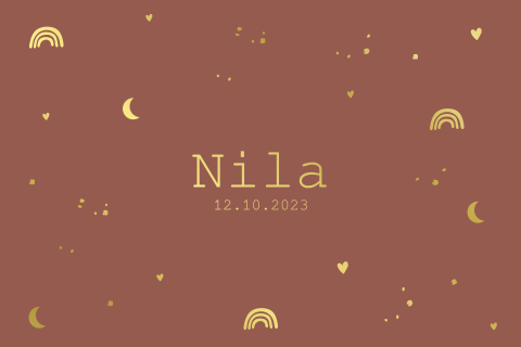 Goudfolie meisjeskaartje met regenboogjes, maantjes en hartjes