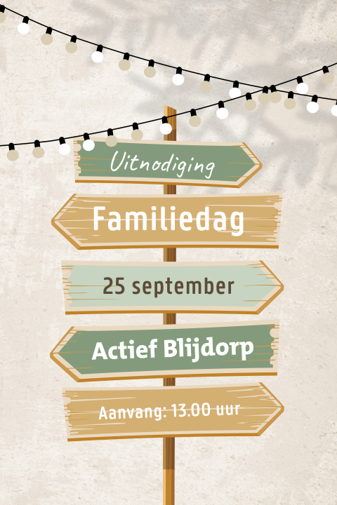 Familiedag uitnodiging met wegwijzer en lampenslinger