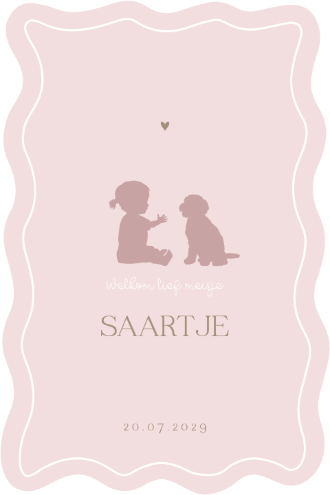 Aparte vorm geboortekaartje meisje met silhouet meisje en hondje