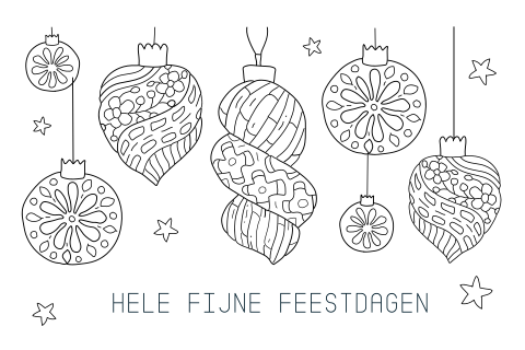 Kerstkaart zelf inkleuren met kerstballen en sterren