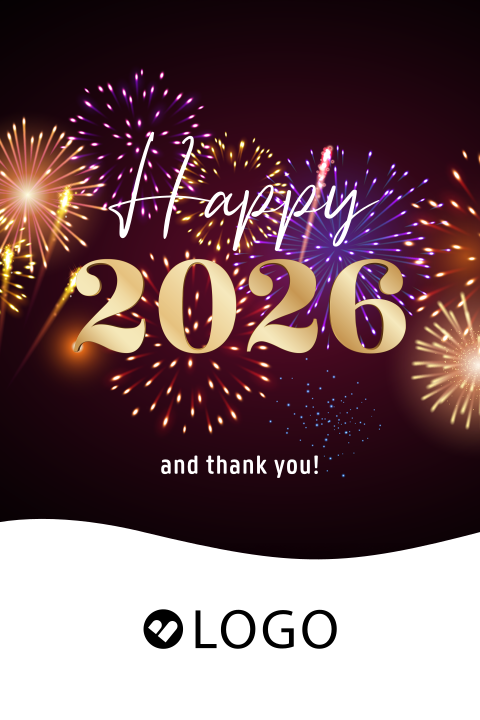 Bedankt kerstkaart zakelijk met vuurwerk, logo en jaartal 2026