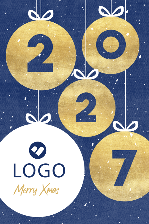 Zakelijke kerstkaart denimlook met goudlook kerstballen, jaartal en eigen logo