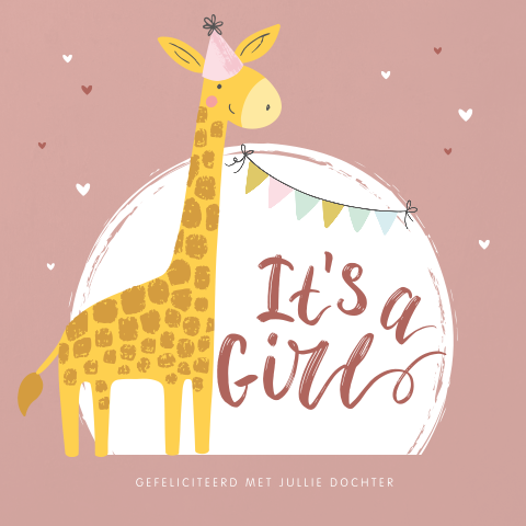 Feestelijke felicitatiekaart geboorte dochter met giraffe en slingers