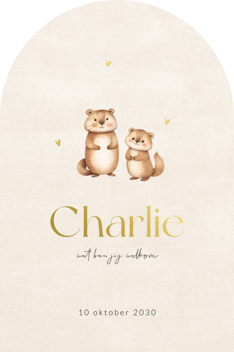 Lief geboortekaartje in boogvorm met otters en hartjes in foliedruk