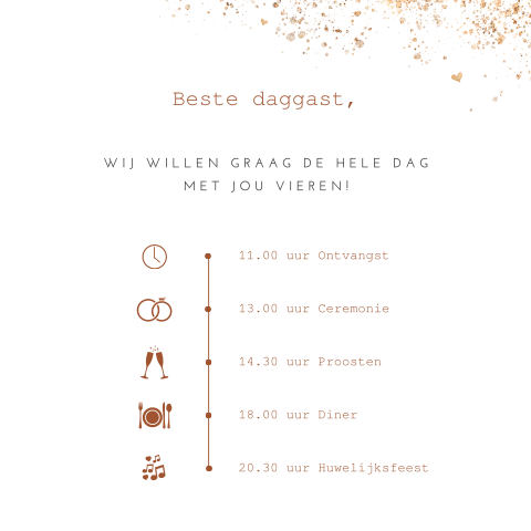 Programma overdag kaartje Roest voor bruiloft met symbolen en tijdlijn