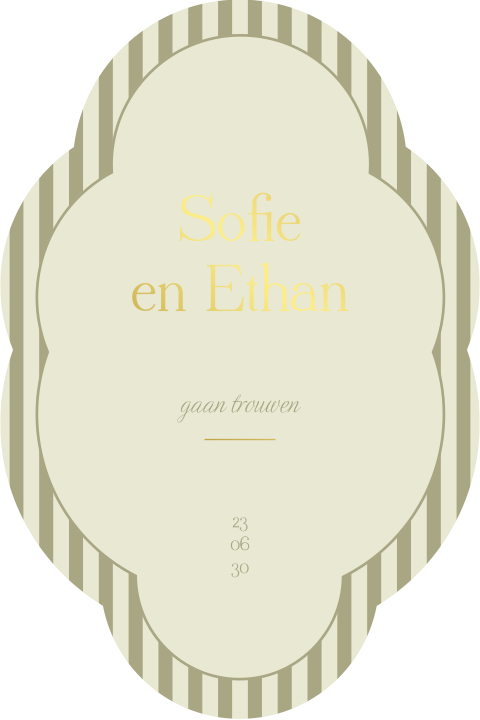 Klassieke trouwkaart in aparte vorm met foliedruk en strepen