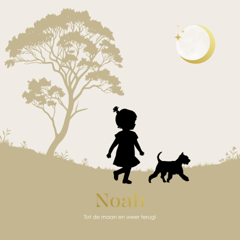 Silhouet geboortekaartje voor een meisje met maan, hond en folie