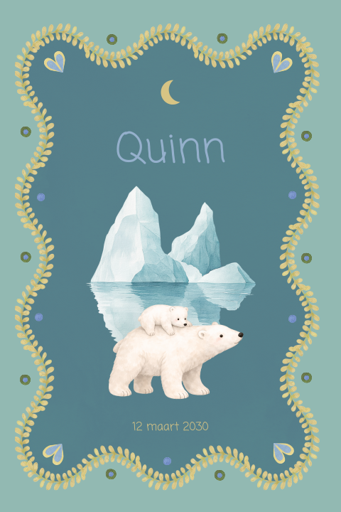 Boho eclectic geboortekaartje voor een jongen met ijsbeer en kader