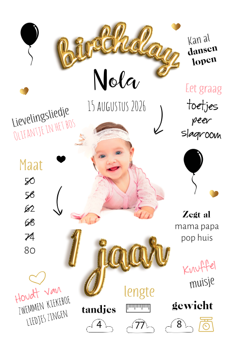 Uitnodiging 1 jaar met tekst ballonletters en foto