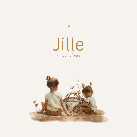 Unisex geboortekaartje met zus en broer bij rieten mand